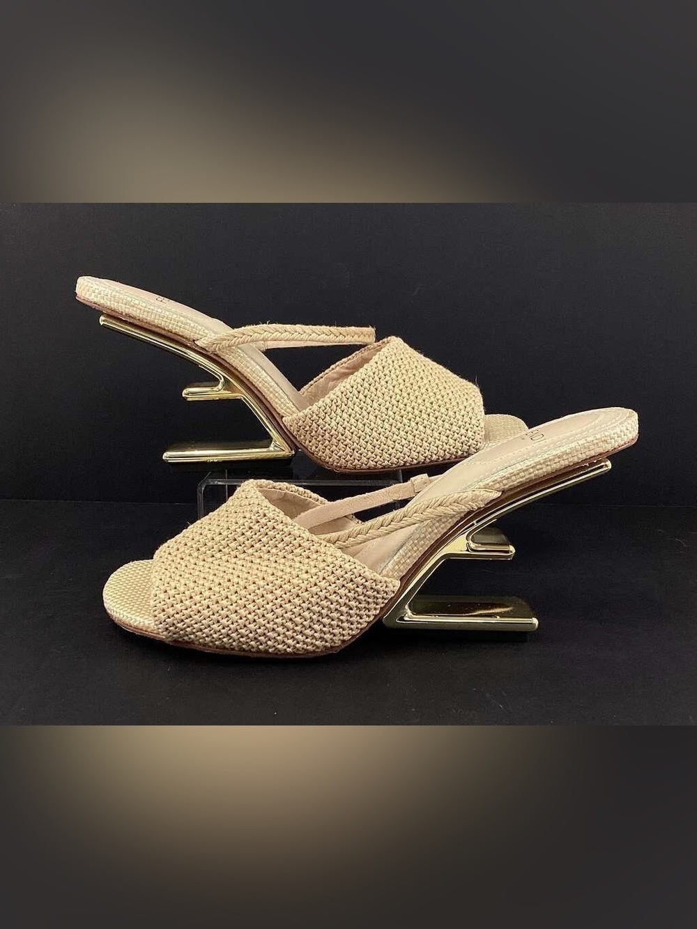 Fendi First Sandals Woven Raffia Gold F Sculpted Heel NWOB size 41 US 10